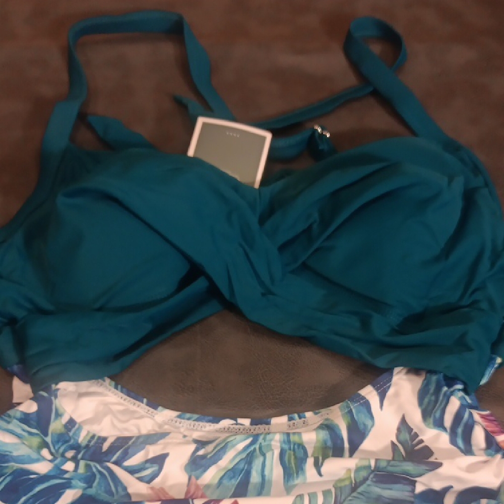 NWT. Eomenie Forest Green And Tropical Leaf Print One Piece High Waist Swimsuit - Picture 5 of 7